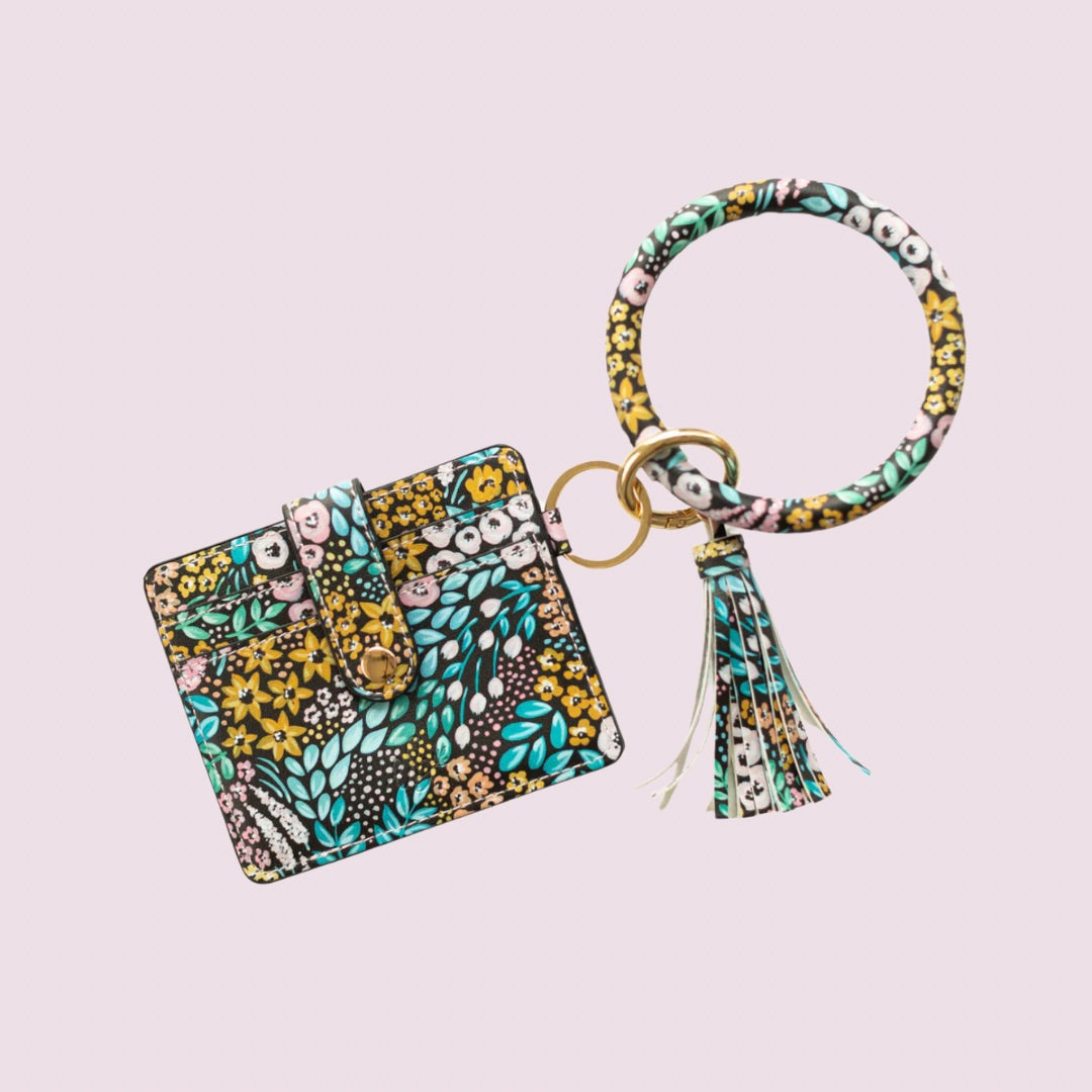 Wristlet Wallet + Keychain | Black Floral